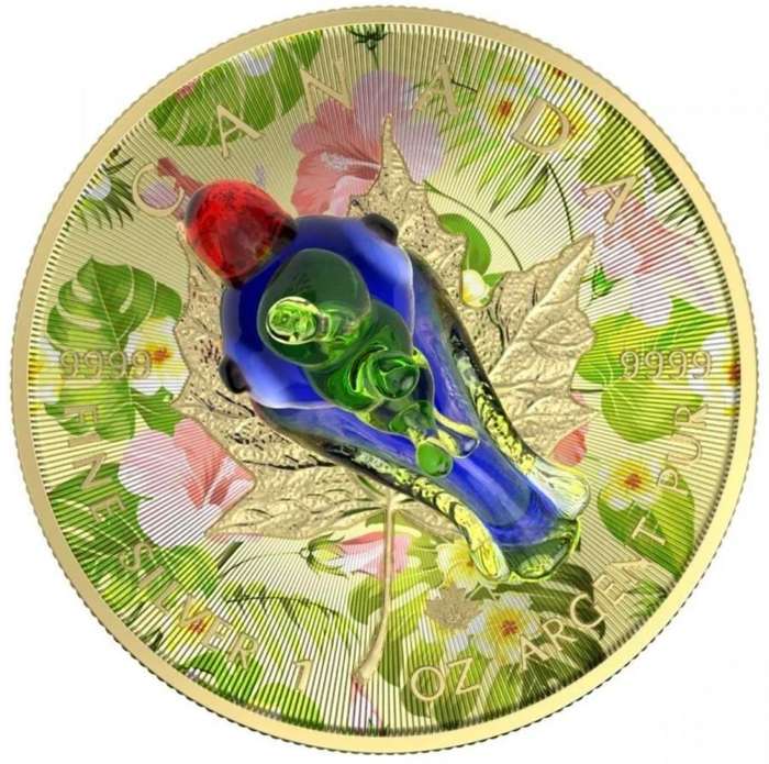 Murano Glass Series: Parrot Maple Leaf $5 (1oz) Canada Silver Coin of 2022 Colourised with Figurine