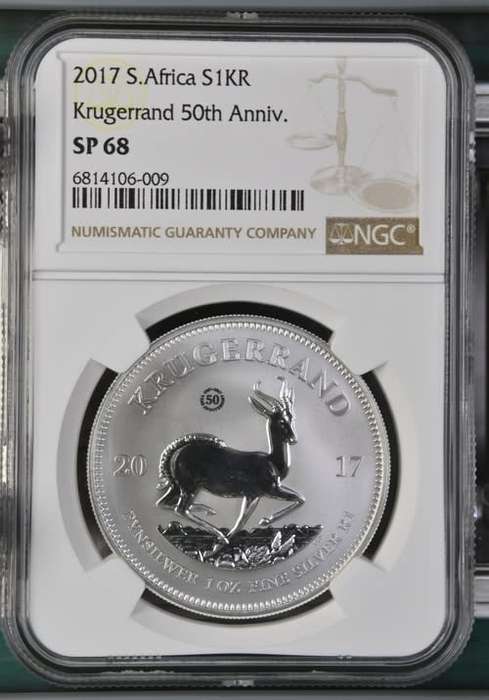 South Africa Silver Krugerrand 50th Anniversary Privy Mark 1oz Fine Silver of 2017 SP 68 NGC