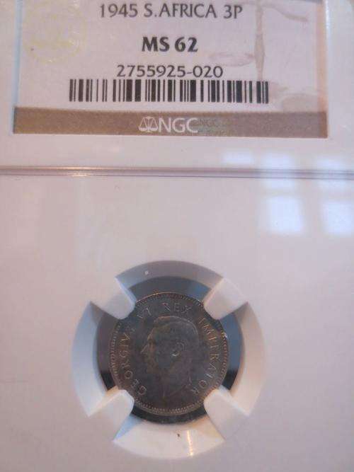 1945 SA Union Silver 3 Pence NGC Graded MS62 | PERFECT UNC | Hern's Price UNC: R400 |