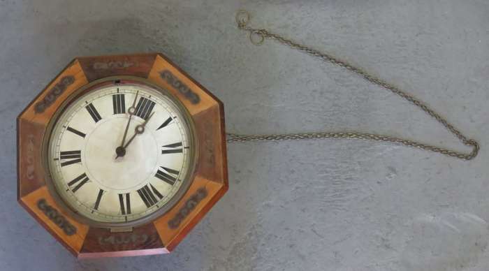 Antique Octagonal wall clock with brass inlay on wood - Not working - For spares only