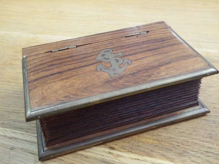 Vintage wooden book shaped trinket box with brass inlay