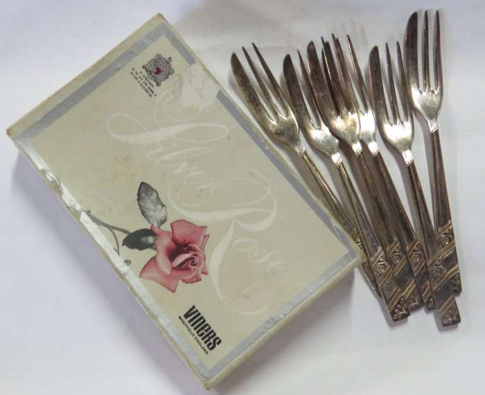 Set of 6 Viners Ltd "Silver Rose" silverplated cake forks
