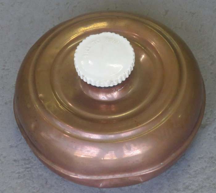 Antique copper bed warmer with porcelain lid