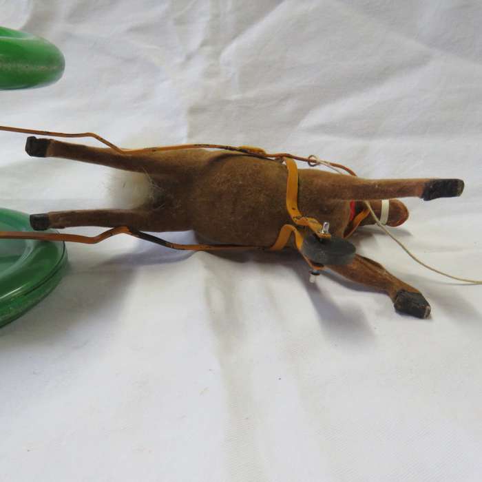 Vintage Pull toy Horse with large green wheels - Made in US Zone Germany post WW2 - Rope 76 cm