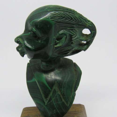 Malachite bust carving on wooden base