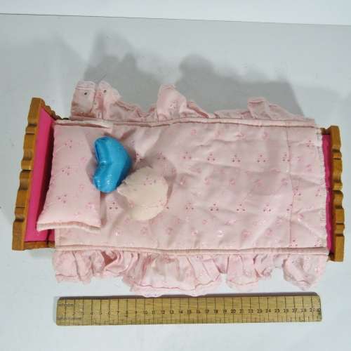 Vintage doll`s furniture - Clothing peg bed with cushions and quilt