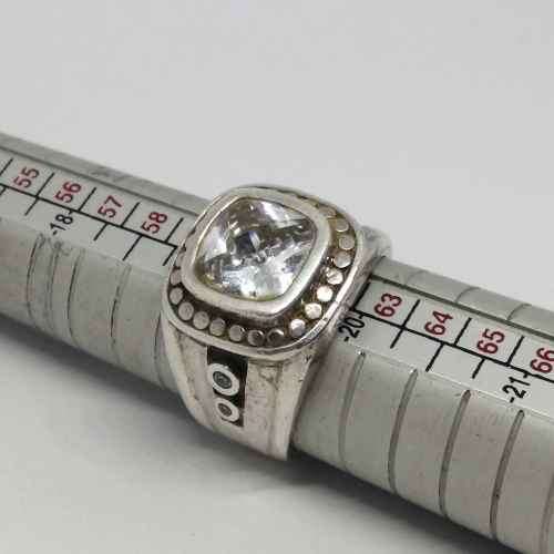 Sterling Silver ring with 5 stones - Central clear stone and 4 diamonds on side size T -weighs 15.4g