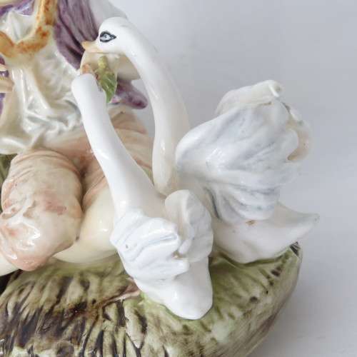 Boy feeding swans flower basket - Vintage porcelain