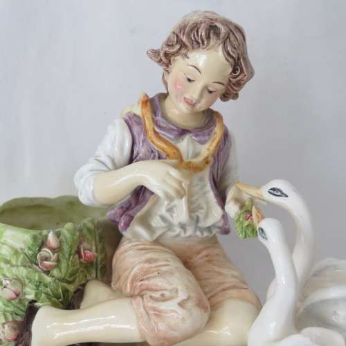 Boy feeding swans flower basket - Vintage porcelain