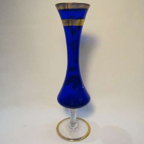 Bohemian Cobalt blue glass flower vase with gold trimming and applied flowers