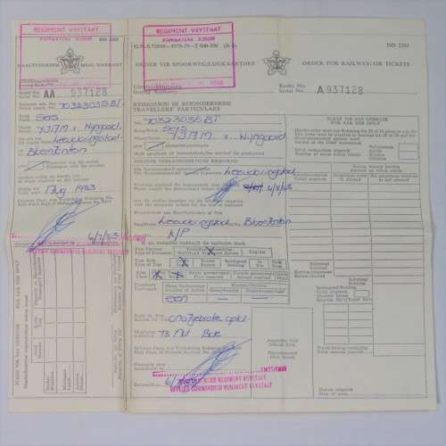 SADF order for Railway/Air tickets to sergeant FJAM van Wyngaard