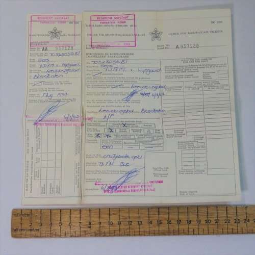 SADF order for Railway/Air tickets to sergeant FJAM van Wyngaard
