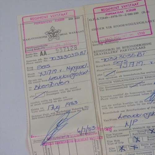 SADF order for Railway/Air tickets to sergeant FJAM van Wyngaard