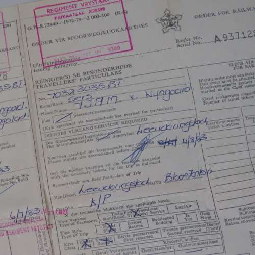 SADF order for Railway/Air tickets to sergeant FJAM van Wyngaard