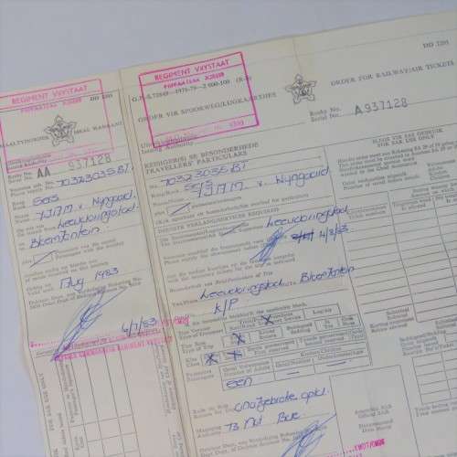 SADF order for Railway/Air tickets to sergeant FJAM van Wyngaard