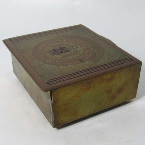Antique Empire Exhibition South Africa brass and wood tin - one damaged hinge