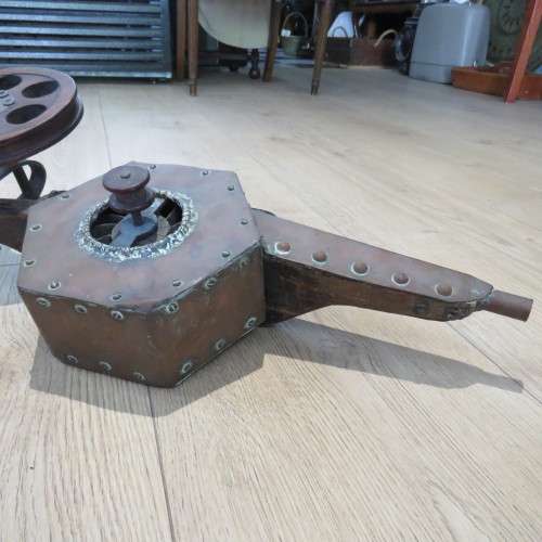 Antique wood and copper mechanical bellows with copper plaque