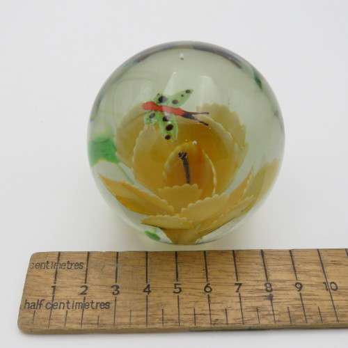 Vintage Lampwork handmade glass paperweight with flower and butterfly