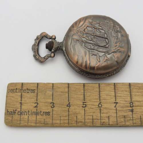 Full hunter quartz pocketwatch with sailing ship motif - Needs battery