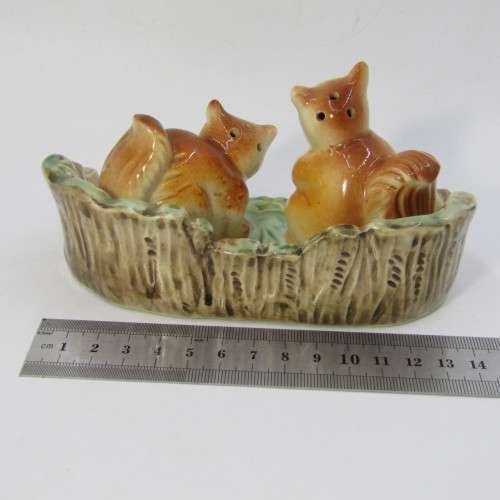 Vintage porcelain squirrels salt and pepper shaker on stand