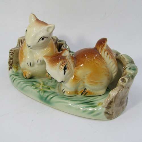 Vintage porcelain squirrels salt and pepper shaker on stand