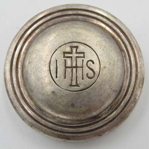 Antique E.P.N.S pill box - marked IHS with cross on lid