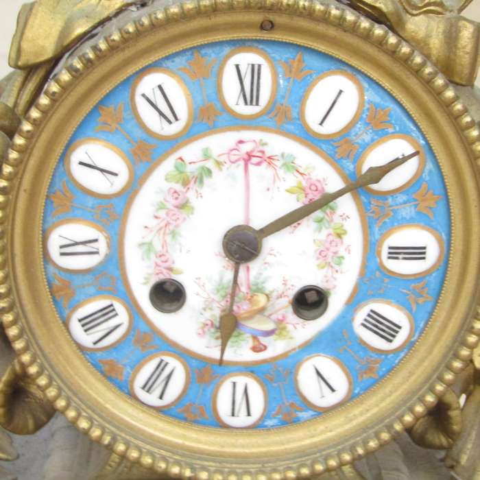 Antique French Louis XV Style Ormolu and porcelain mantel clock