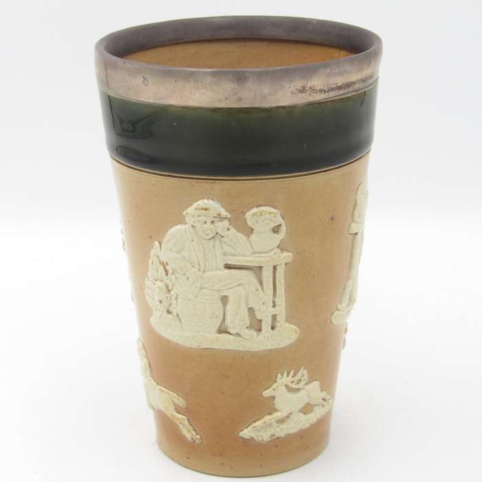 Antique Doulton Lambeth England stoneware tumbler with hallmarked silver rim
