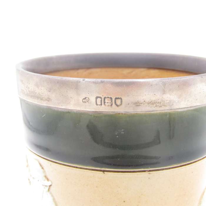 Antique Doulton Lambeth England stoneware tumbler with hallmarked silver rim