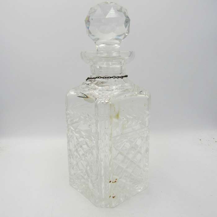 Vintage Staurt Crystal Whiskey decanter with hallmarked sterling silver necktag - fine chips on side