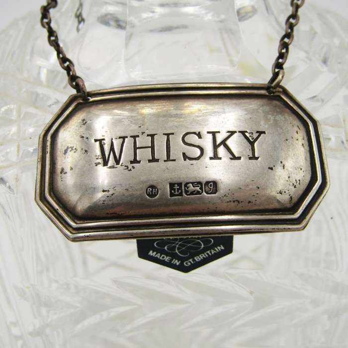 Vintage Staurt Crystal Whiskey decanter with hallmarked sterling silver necktag - fine chips on side