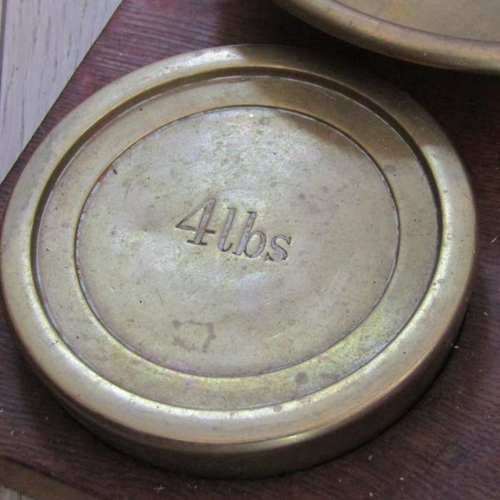 Antique brass Inland postal balancing scale with weights
