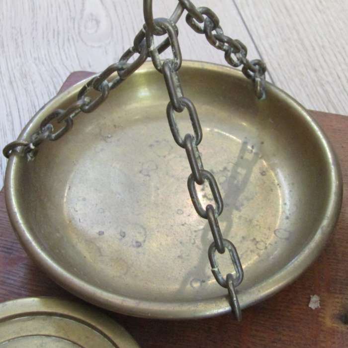 Antique brass Inland postal balancing scale with weights