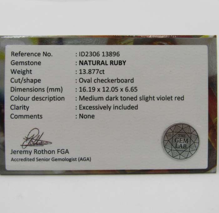 Natural Ruby of 13,8 carat oval checkerboard dark toned slight violet red with Gemlab certificate