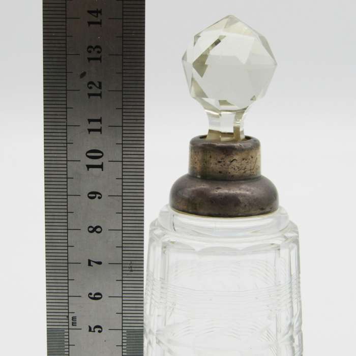 Antique dressing table mini crystal decanter with hallmarked sterling silver rim