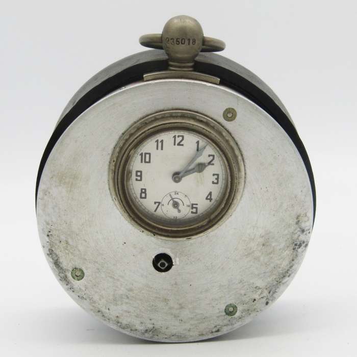 Vintage Night watchman guard clock in leather pouch - no keys - working