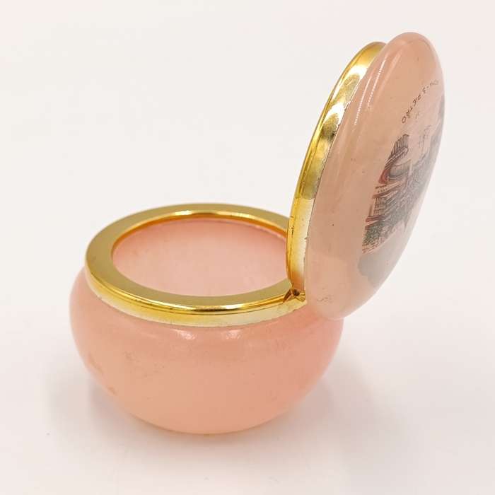 Vintage pink alabaster trinket holder with picture of Rome on lid
