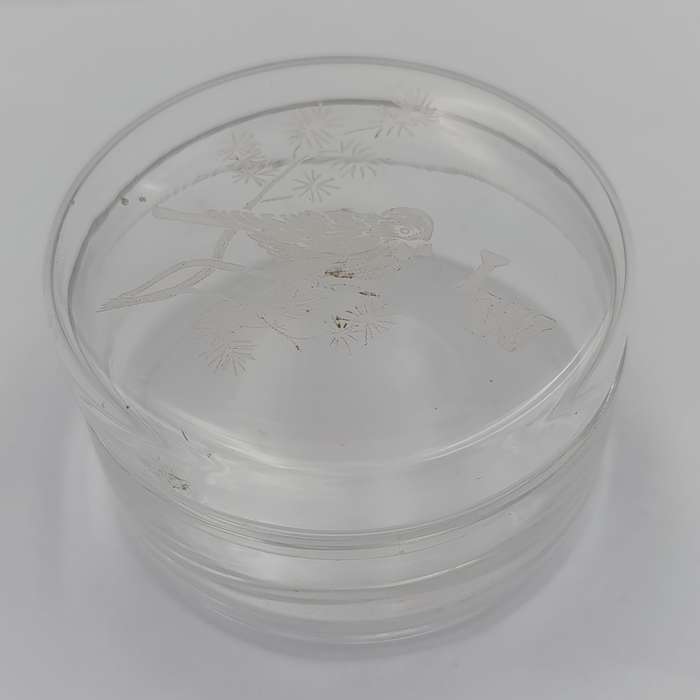 Vintage Lead Glass trinket bowl with sparrow etching on lid