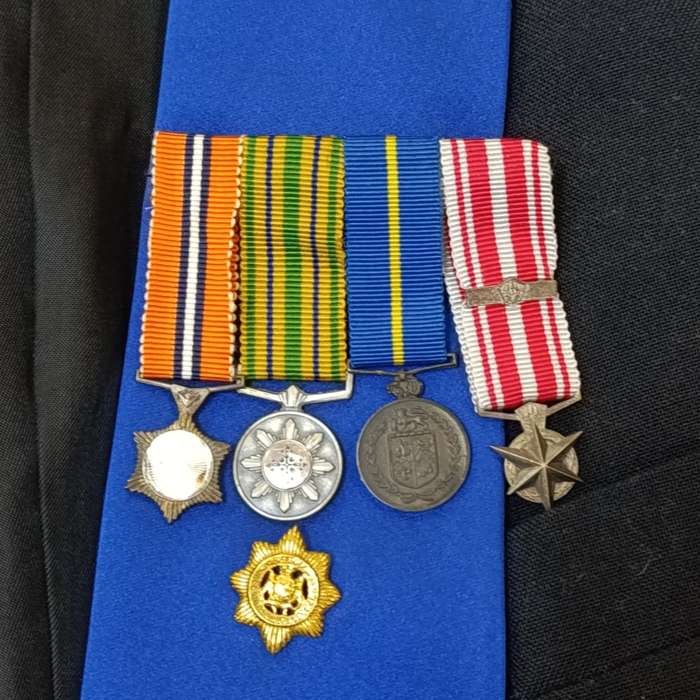 Old SA Police Brigadier mess dress with 4 miniature medals (star of merit missing front)