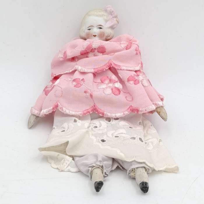 Antique blond hair rosy cheeks bisque doll - late 1800's - 17cm long