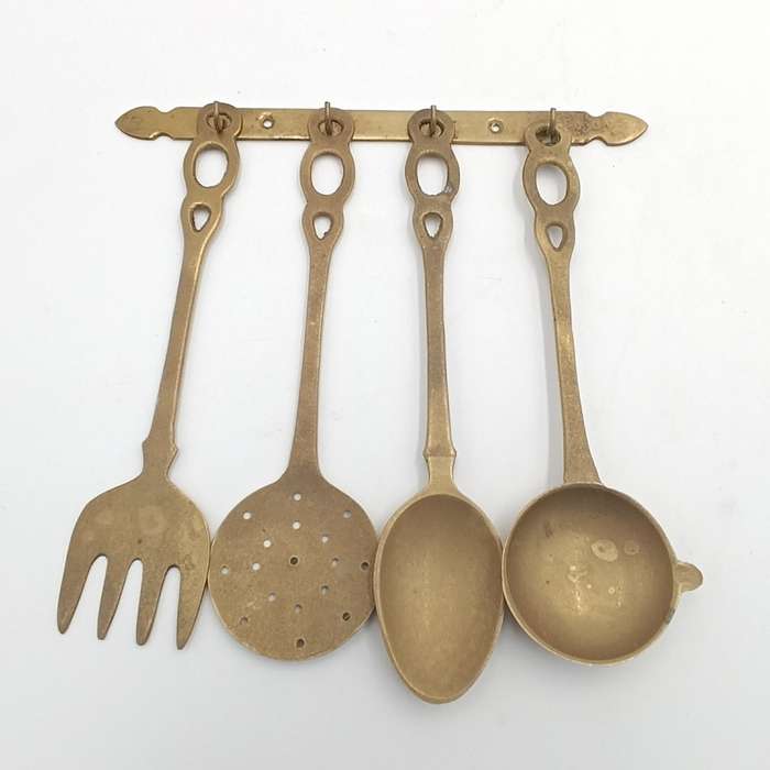Set of vintage brass wall hanging utensils