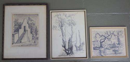 Lot of 3 Seubring charcoal sketches framed  - as per photo