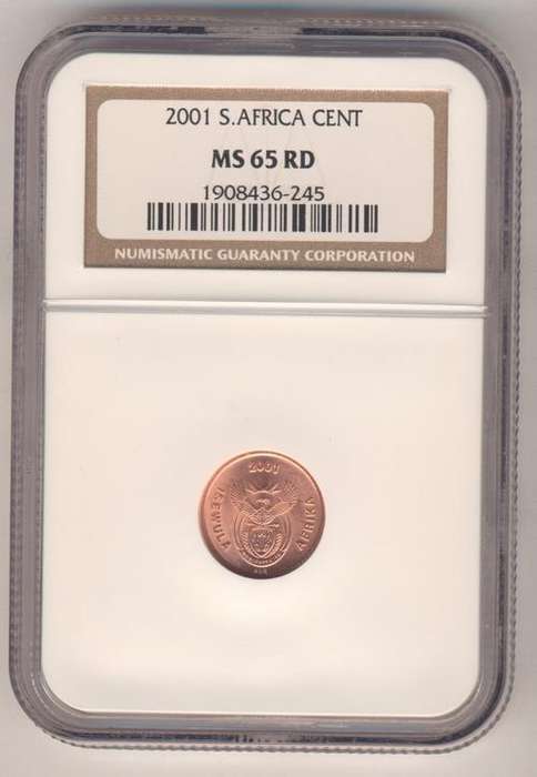 2001 South Africa 1 cent graded MS 65 RD by NGC