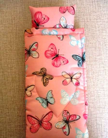 Barbie doll's sleeping bag and nightie set - pink butterfly + turquoise nightie