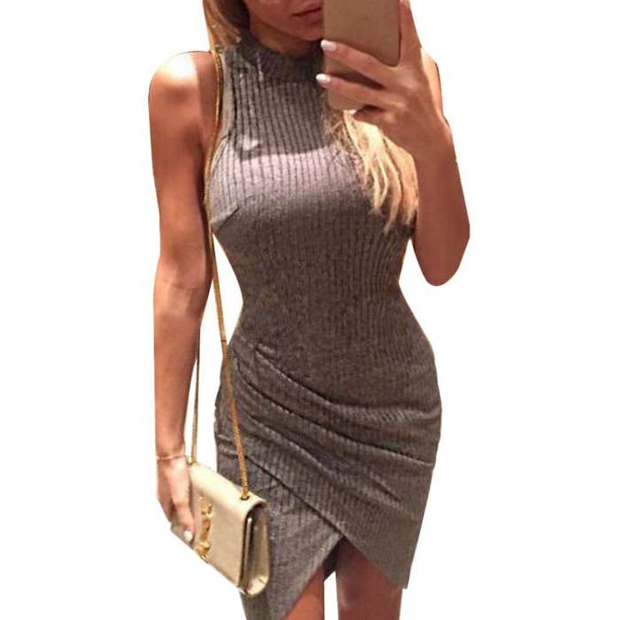 Simple Jewel Collar Sleeveless Pure Color Asymmetrical Sheathy Wrap Dress for Women