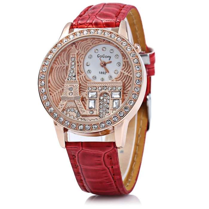 Gogoey 1892 Women Rhinestone Quartz Watch Eiffel Tower Embossment Pattern