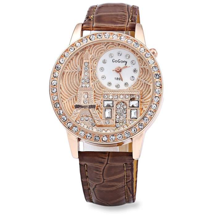 Gogoey 1892 Women Rhinestone Quartz Watch Eiffel Tower Embossment Pattern