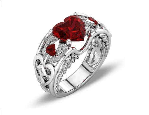 Princess 925 Sterling Silver Natural Ruby Gemstones Birthstone Bride Wedding Engagement Heart Ring
