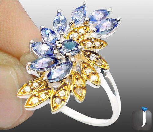 GENUINE DIAMOND & BLUE TANZANITE in SOLID 925 STERLING SILVER CLUSTER ARTISAN RING :SIZE 7