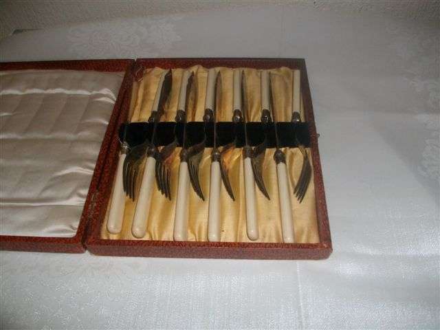 cased bone handle fish knifes and forks